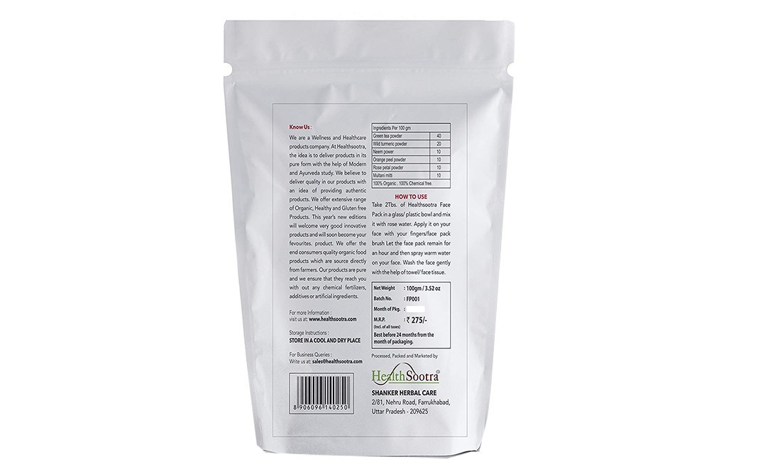 Healthsootra Green Tea Face Pack (Natural Skin Detox Formula)   Pack  100 grams